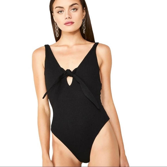 Tiger Mist Black Hazel Front Tie Ribbed Bodysuit Women's XS NWT - Picture 2 of 14